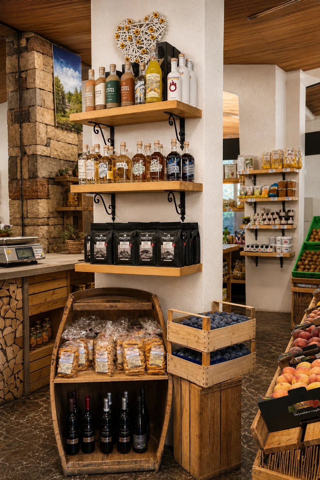 Scaffali con liquori, caffè e prodotti tipici trentini Scaffali con liquori, caffè e prodotti tipici trentini